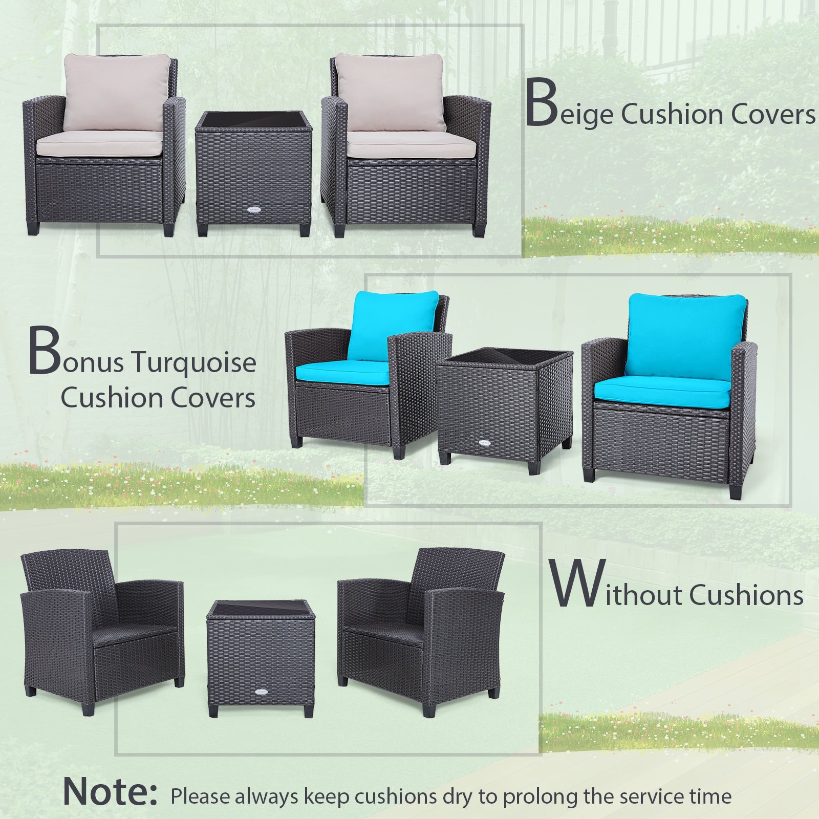 3 Pieces Rattan Patio Furniture Set with Easy-to-clean Cushions