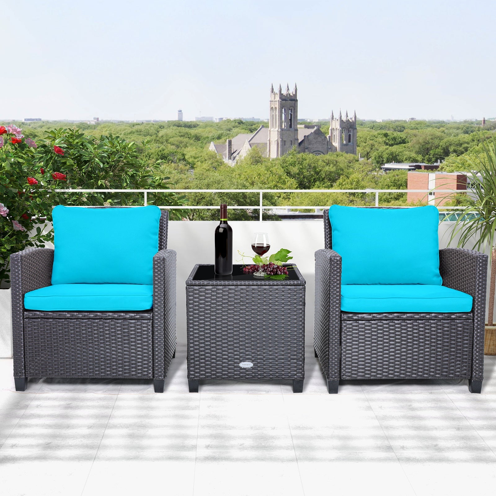 3 Pieces Rattan Patio Furniture Set with Easy-to-clean Cushions