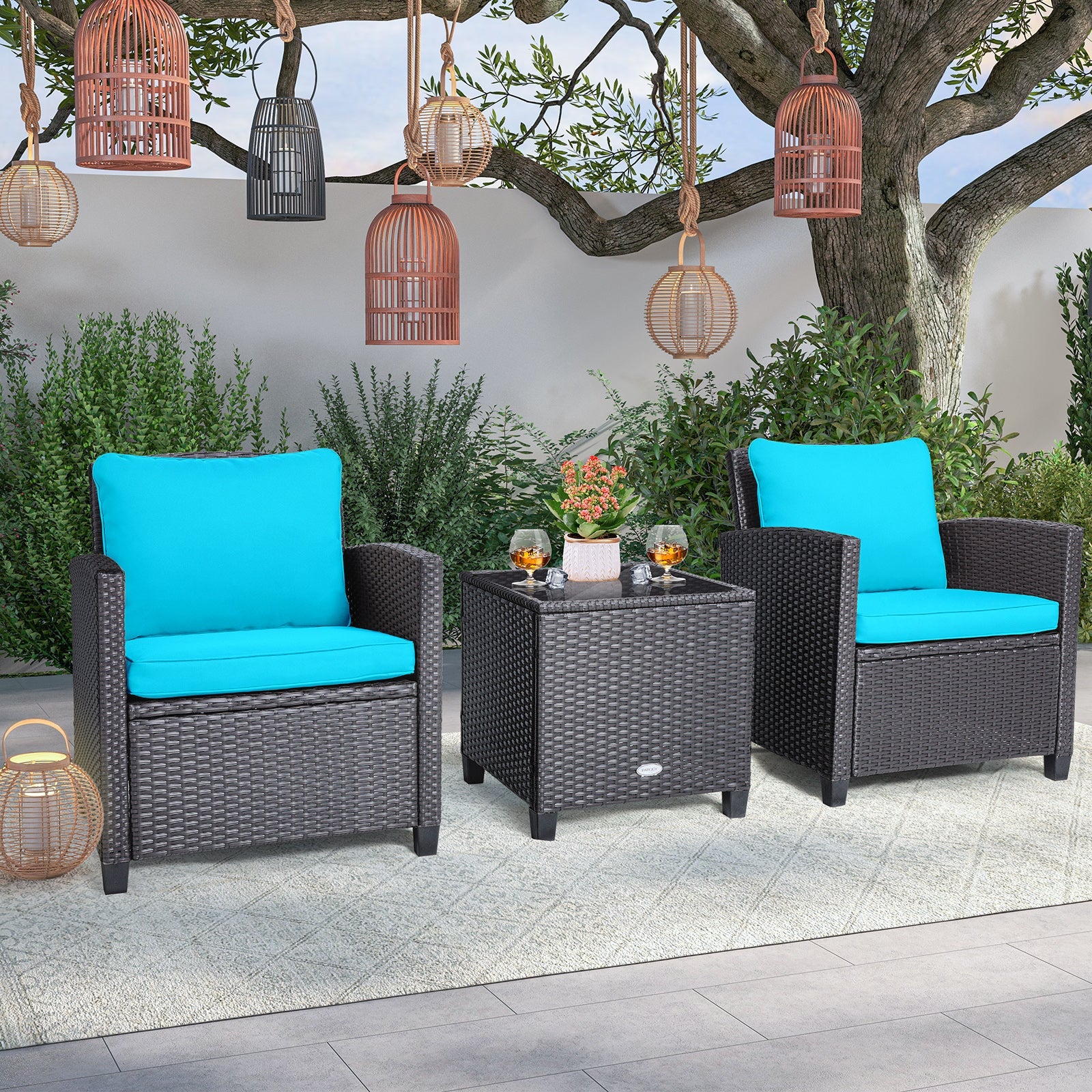 3 Pieces Rattan Patio Furniture Set with Easy-to-clean Cushions