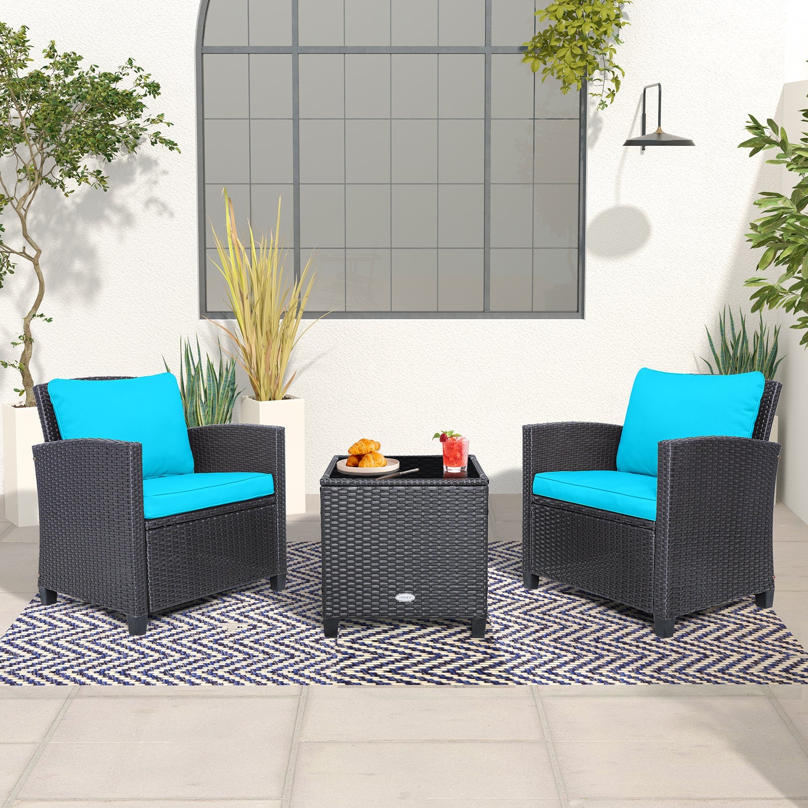 3 Pieces Rattan Patio Furniture Set with Easy-to-clean Cushions