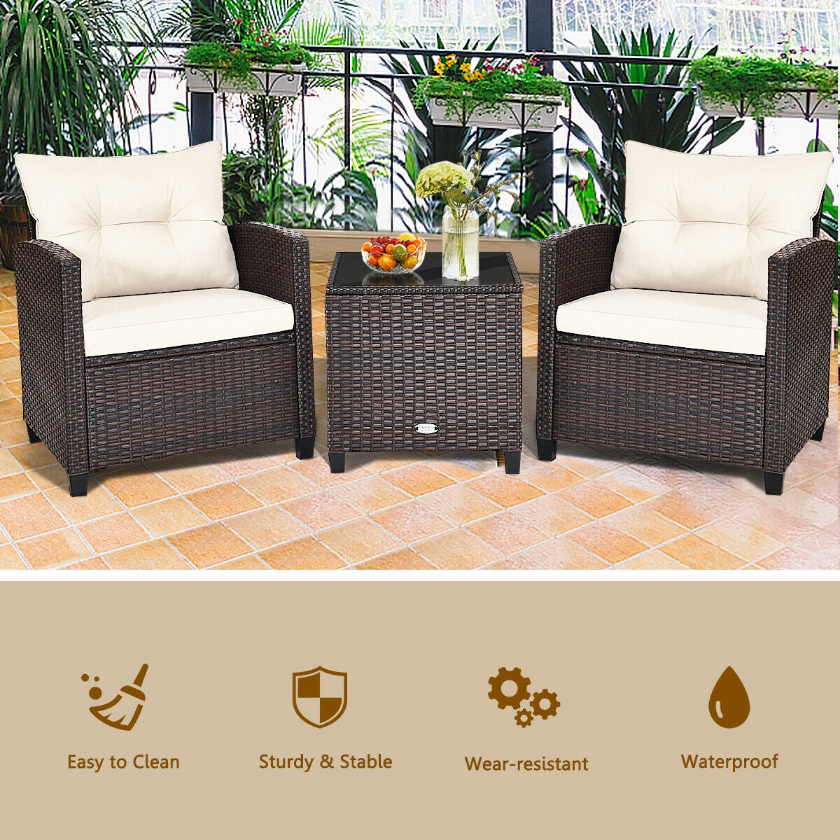 3 Pieces Rattan Patio Furniture Set with Easy-to-clean Cushions