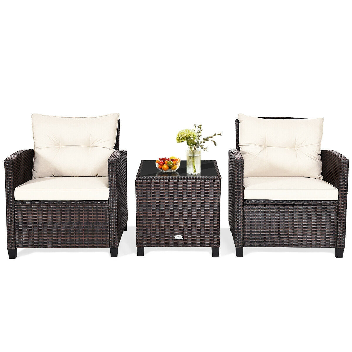 3 Pieces Rattan Patio Furniture Set with Easy-to-clean Cushions