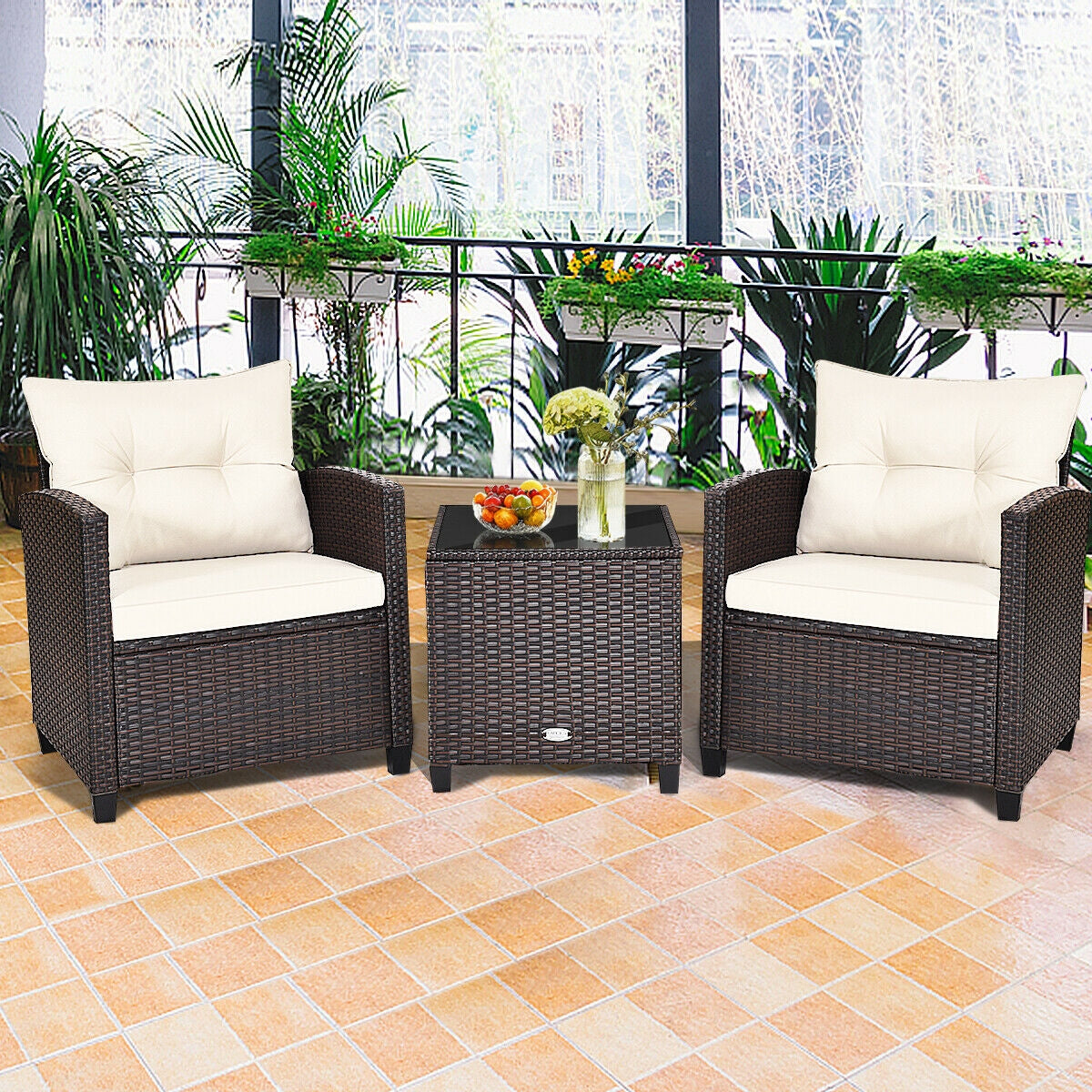 3 Pieces Rattan Patio Furniture Set with Easy-to-clean Cushions