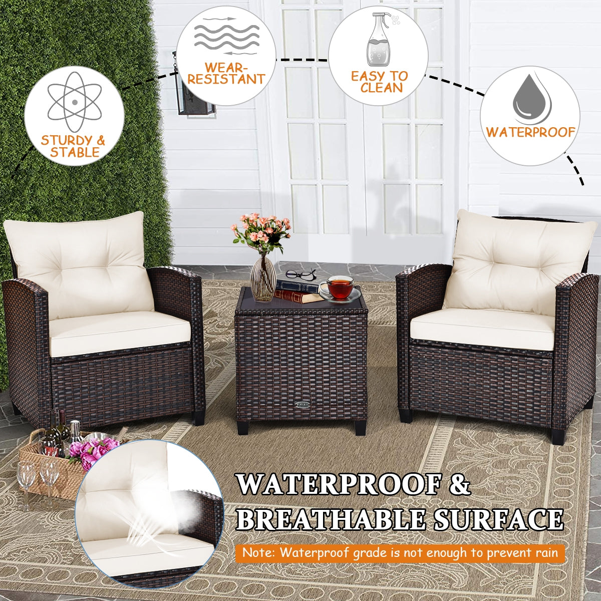 3 Pieces Rattan Patio Furniture Set with Easy-to-clean Cushions