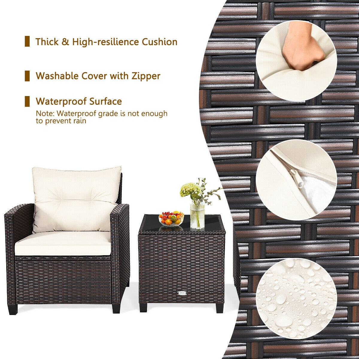 3 Pieces Rattan Patio Furniture Set with Easy-to-clean Cushions