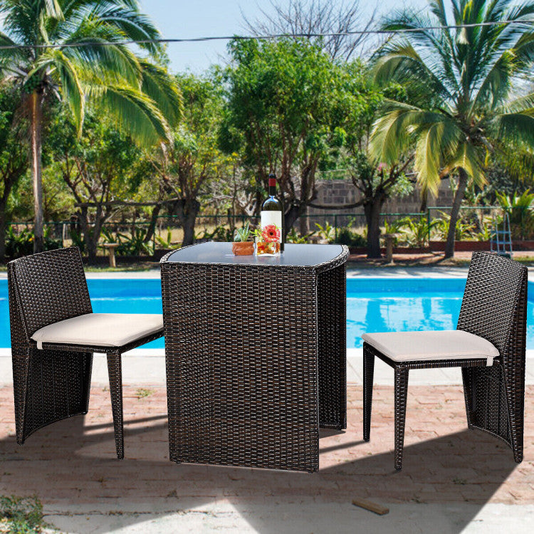 3 Pieces Wicker Patio Cushioned Outdoor Chair and Table Set