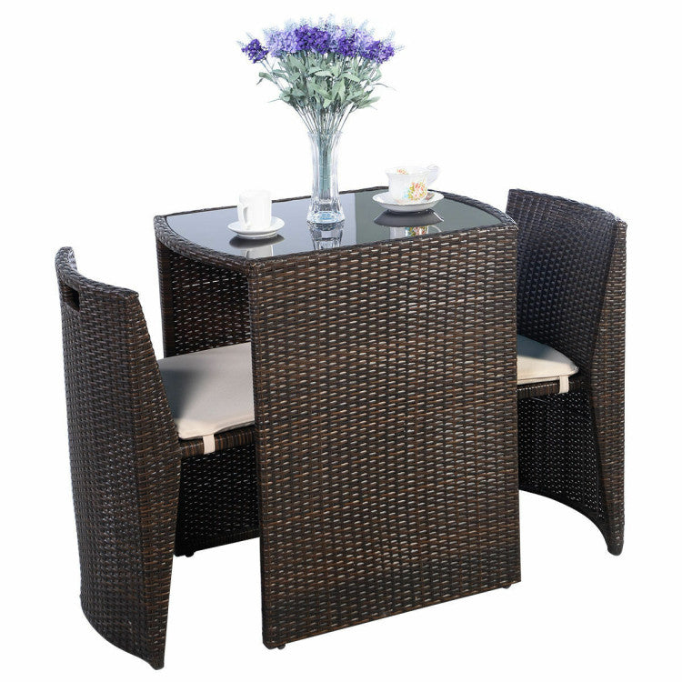 3 Pieces Wicker Patio Cushioned Outdoor Chair and Table Set