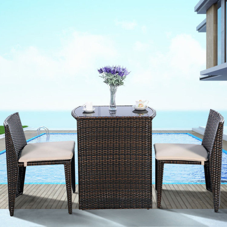 3 Pieces Wicker Patio Cushioned Outdoor Chair and Table Set