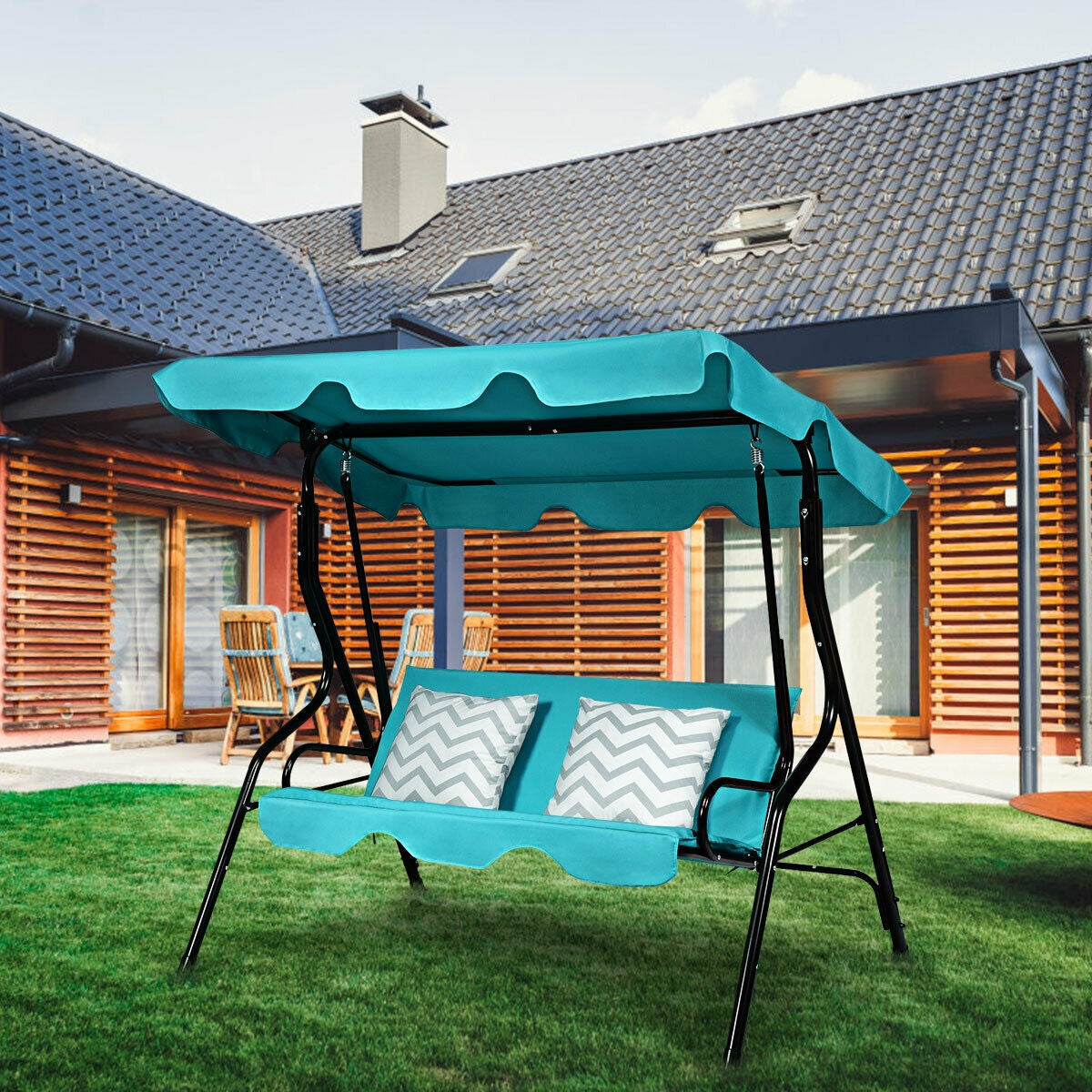 3 Seat Outdoor Patio Canopy Swing with Cushioned Steel Frame