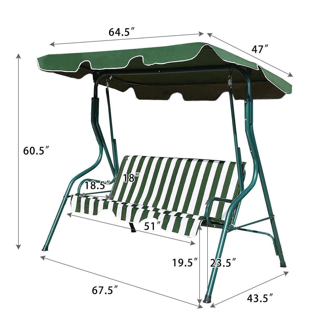 3 Seat Outdoor Patio Canopy Swing with Cushioned Steel Frame