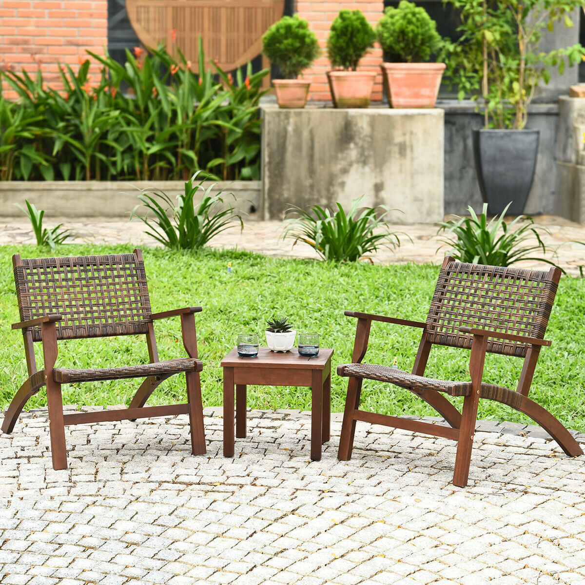 3 Pieces Rattan Patio Furniture Set with Easy-to-clean Cushions