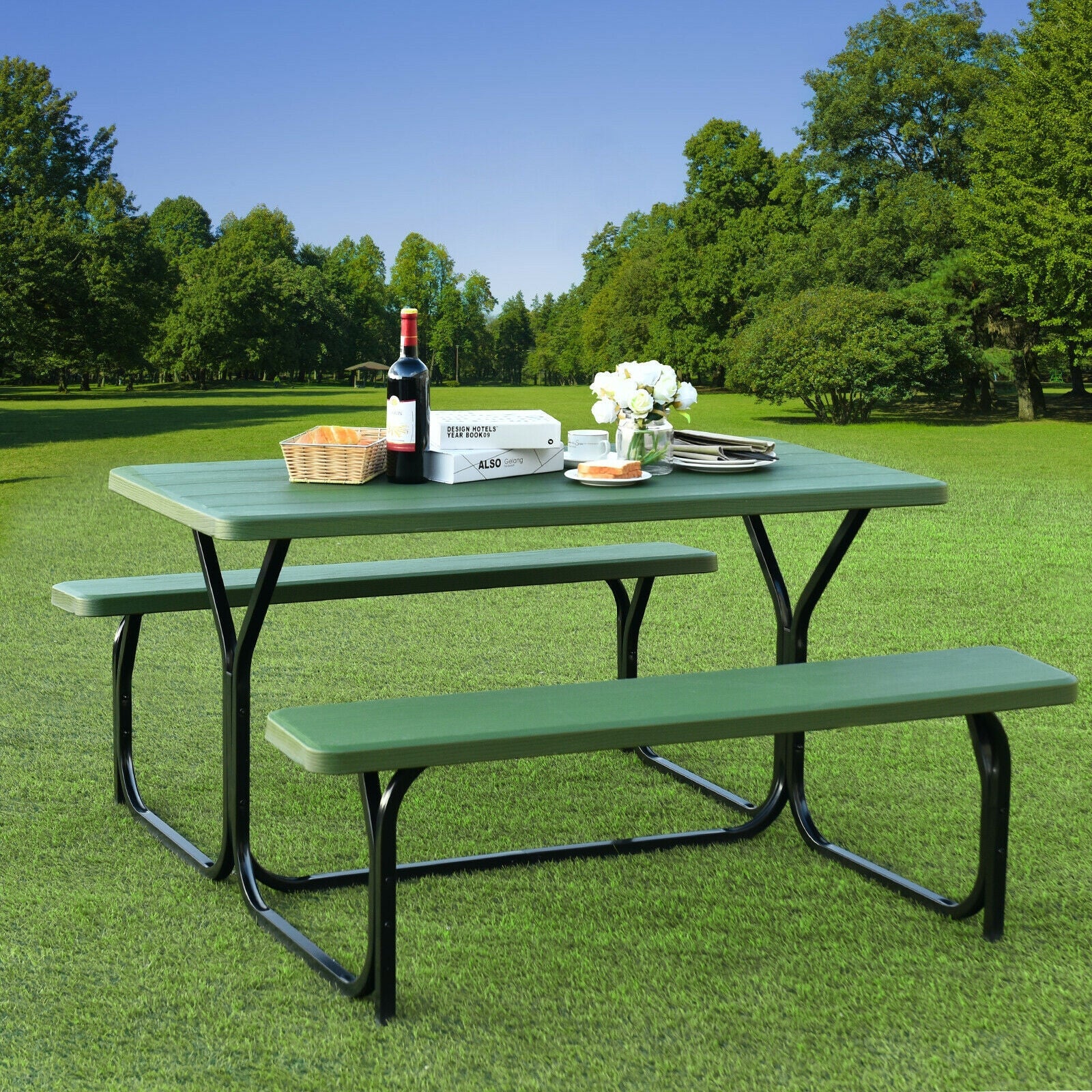 HDPE Outdoor Picnic Table Bench Set with Metal Base for Camping