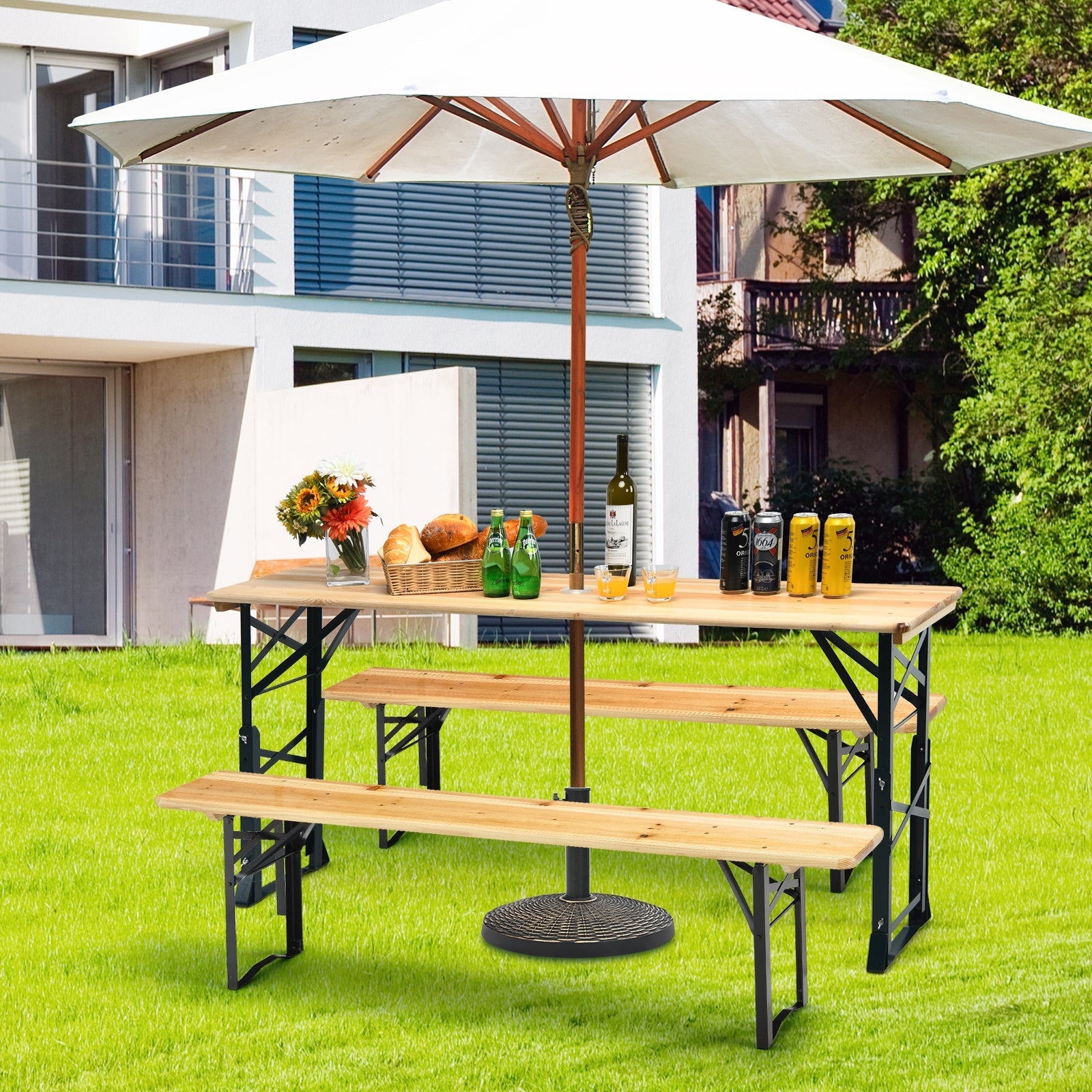 66.5 Inch Adjustable Heights Folding Beer Table with Umbrella Hole for Camping and Picnic