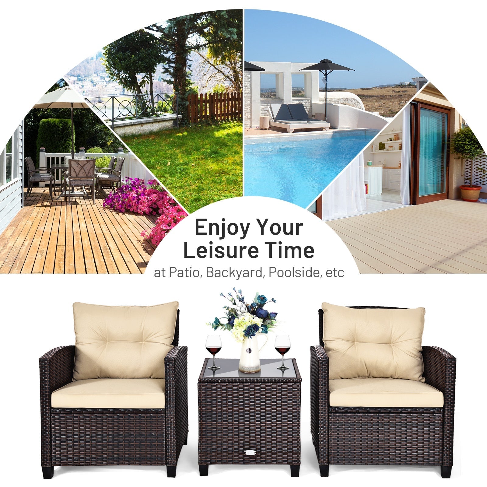 3 Pieces Rattan Patio Furniture Set with Easy-to-clean Cushions