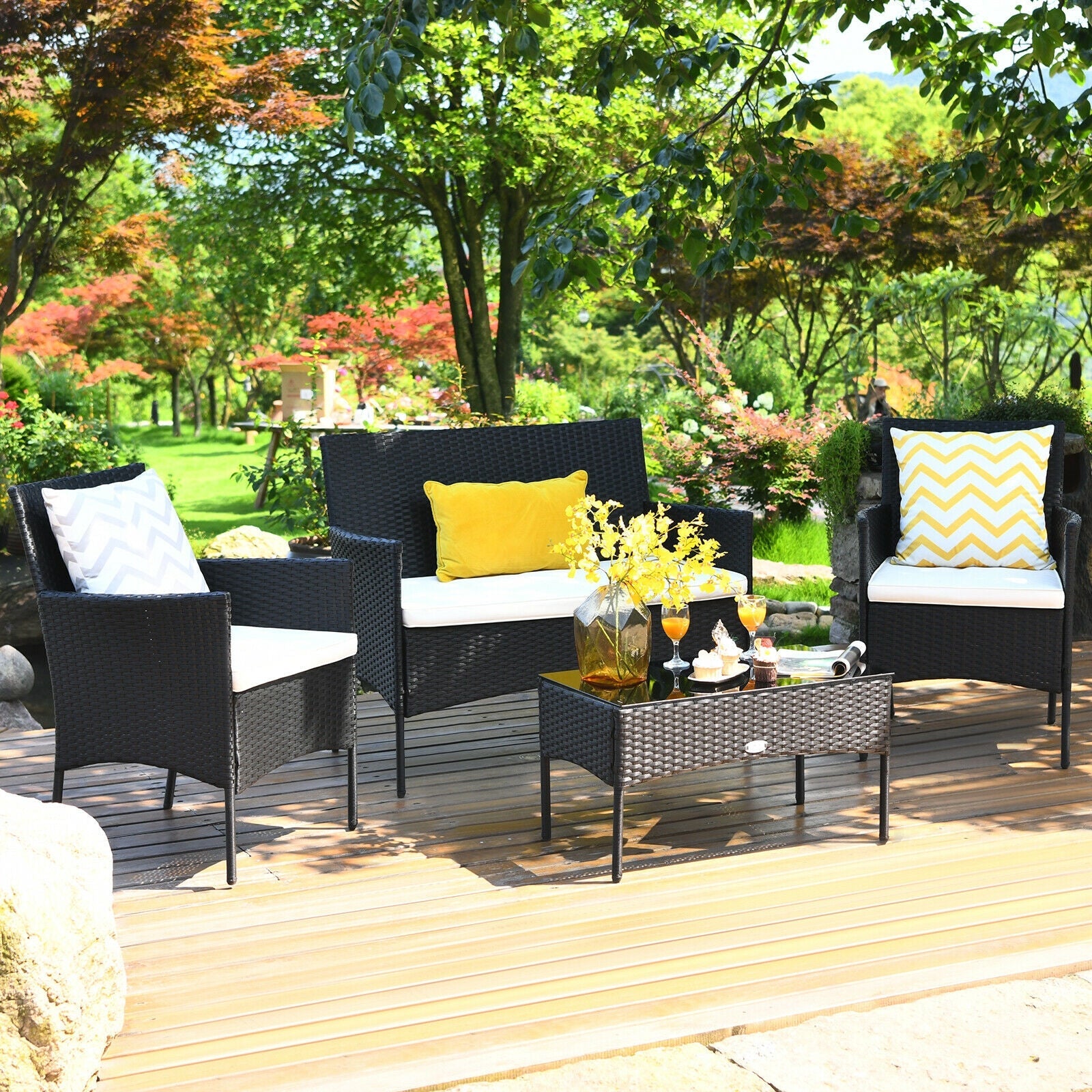 4 Pieces Patio Rattan Cushioned Sofa Set with Tempered Glass Coffee Table