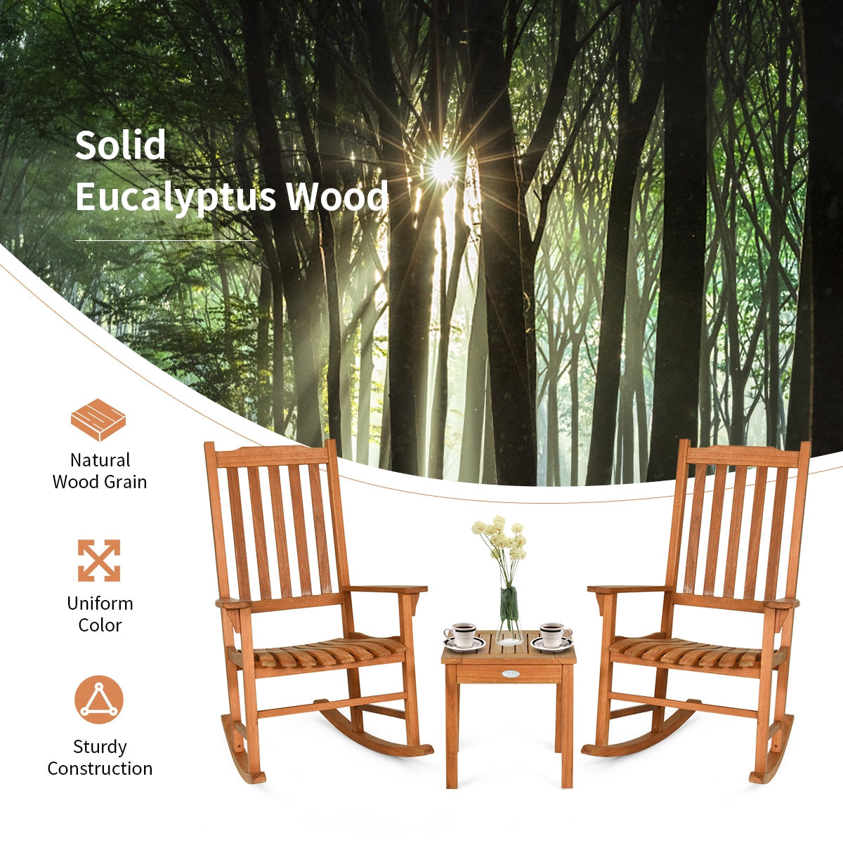 3 Pieces Eucalyptus Rocking Chair Set with Coffee Table for Outdoor Patio and Garden