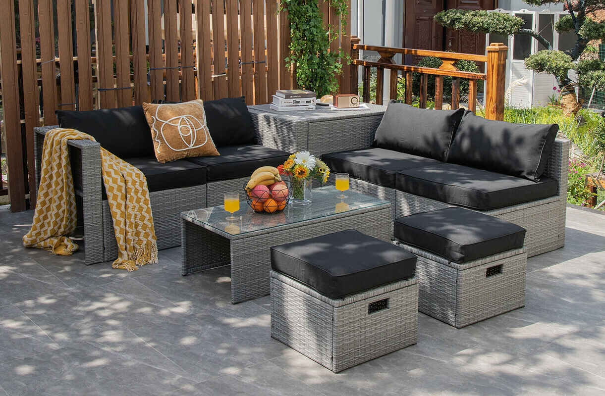 8 Pieces Patio Rattan Furniture Set with Storage Waterproof Cushion