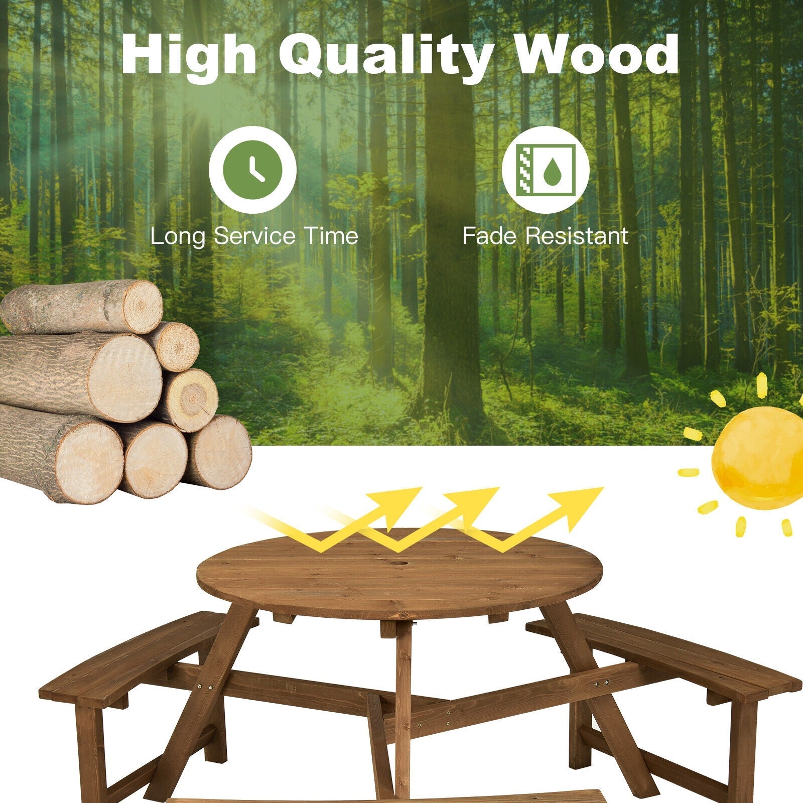 6-person Round Wooden Outdoor Picnic Table Benches Set with Umbrella Hole