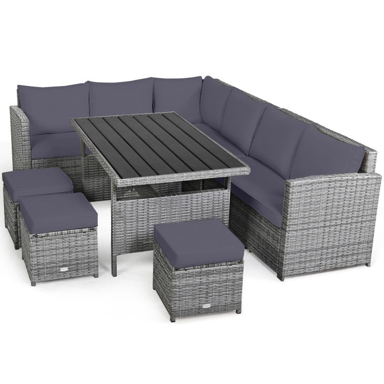 7 Pieces Outdoor Wicker Sectional Sofa Set with Dining Table and Cushion