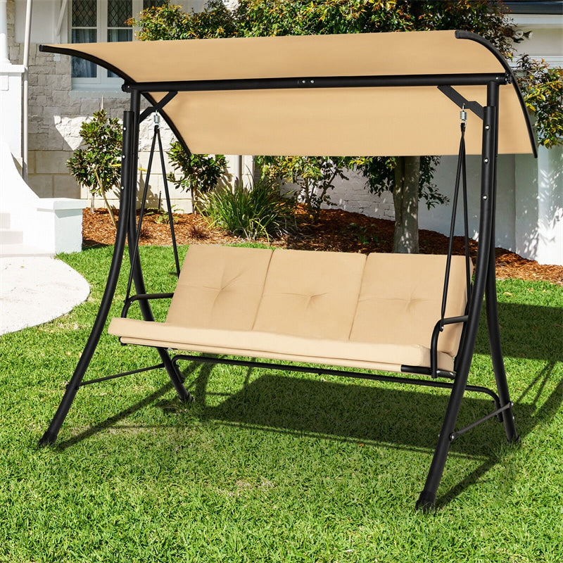 3-Person Porch Swing Outdoor Patio Swing with Adjustable Canopy & Removable Cushions