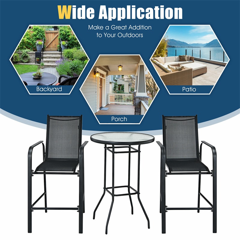 3 Piece Patio Bar Set Outdoor Bistro Set with 2 Bar Stools & Tempered Glass Top Bar Table for Backyard Garden Lawn