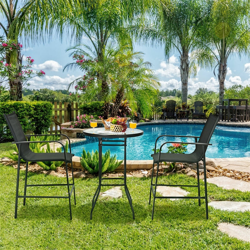 3 Piece Patio Bar Set Outdoor Bistro Set with 2 Bar Stools & Tempered Glass Top Bar Table for Backyard Garden Lawn