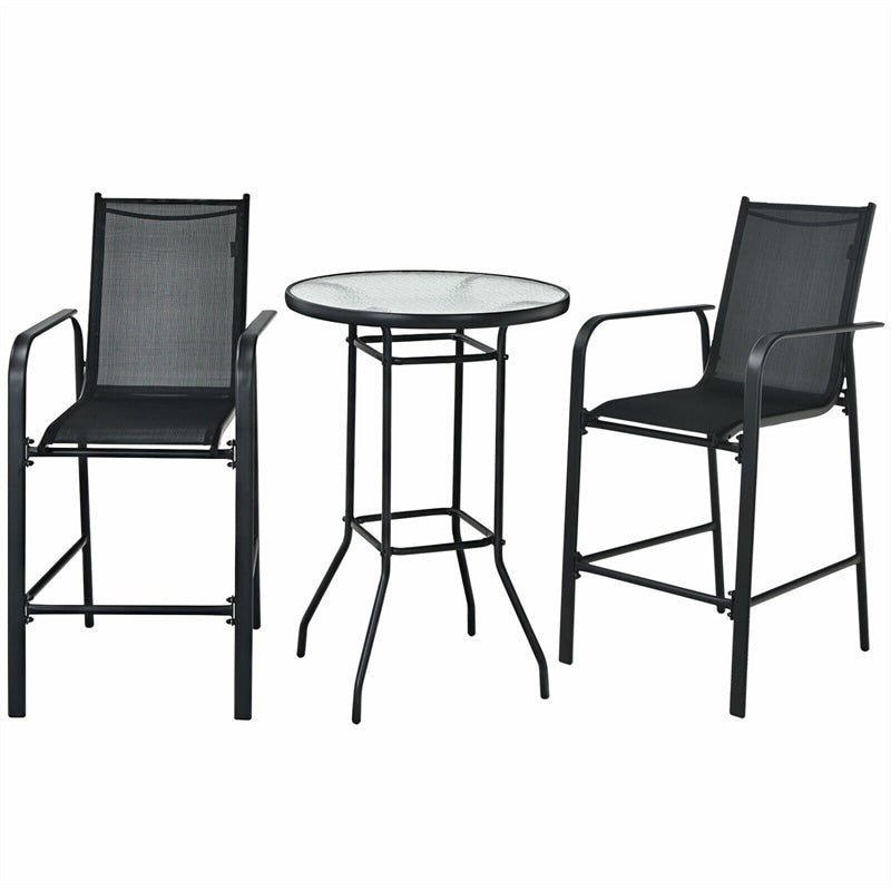 3 Piece Patio Bar Set Outdoor Bistro Set with 2 Bar Stools & Tempered Glass Top Bar Table for Backyard Garden Lawn