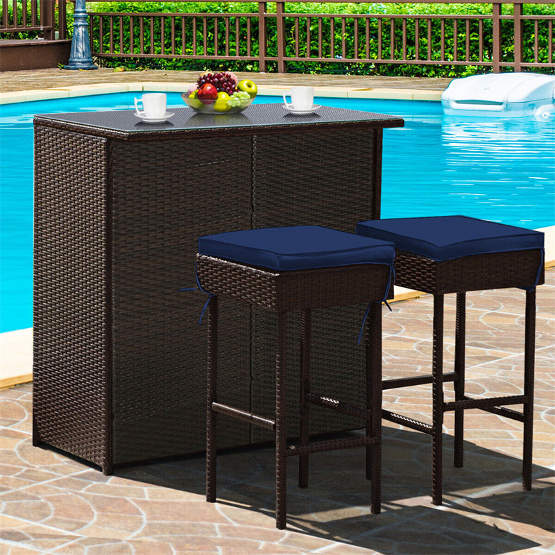 3 Piece Rattan Patio Bar Set Outdoor Wicker Bar Table & Stools Set with 2 Set of Cushion Cover