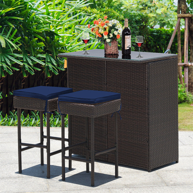 3 Piece Rattan Patio Bar Set Outdoor Wicker Bar Table & Stools Set with 2 Set of Cushion Cover