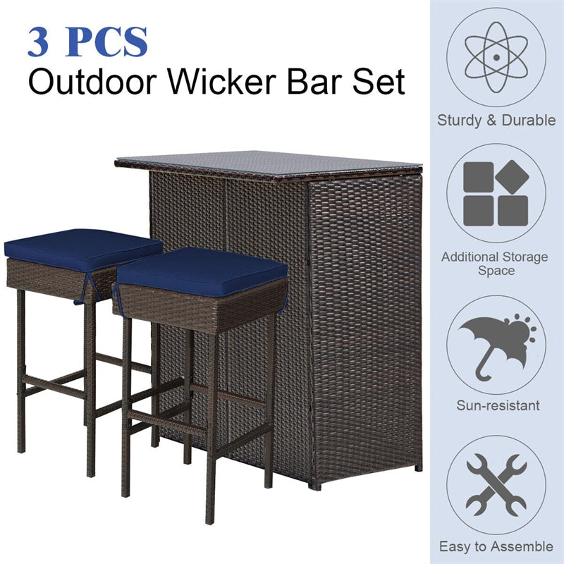 3 Piece Rattan Patio Bar Set Outdoor Wicker Bar Table & Stools Set with 2 Set of Cushion Cover