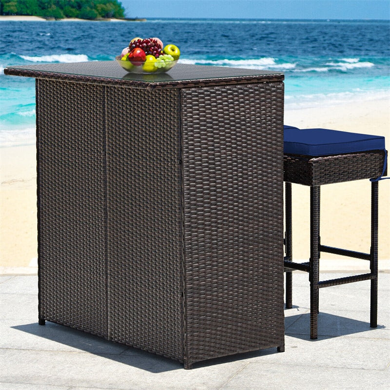 3 Piece Rattan Patio Bar Set Outdoor Wicker Bar Table & Stools Set with 2 Set of Cushion Cover