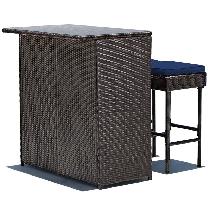 3 Piece Rattan Patio Bar Set Outdoor Wicker Bar Table & Stools Set with 2 Set of Cushion Cover