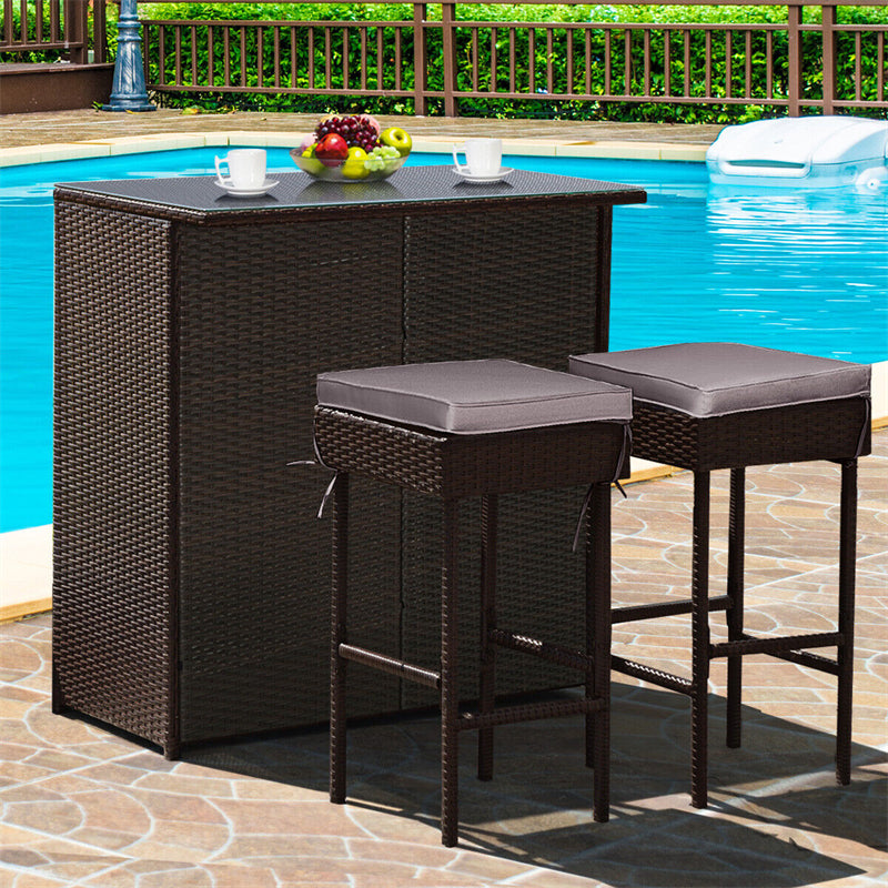 3 Piece Rattan Patio Bar Set Outdoor Wicker Bar Table & Stools Set with 2 Set of Cushion Cover