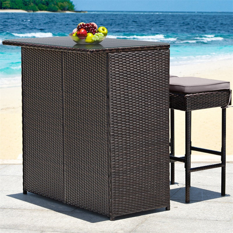 3 Piece Rattan Patio Bar Set Outdoor Wicker Bar Table & Stools Set with 2 Set of Cushion Cover