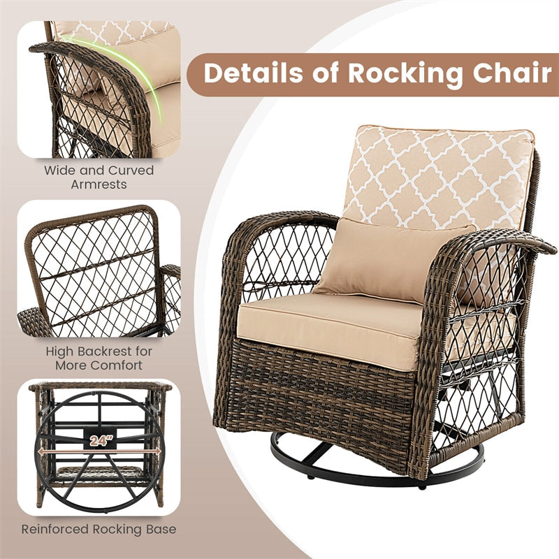 3-Piece Outdoor Wicker Swivel Rocking Chairs Set Rattan Patio Swivel Rocker with Tempered Glass Coffee Table & Cushions