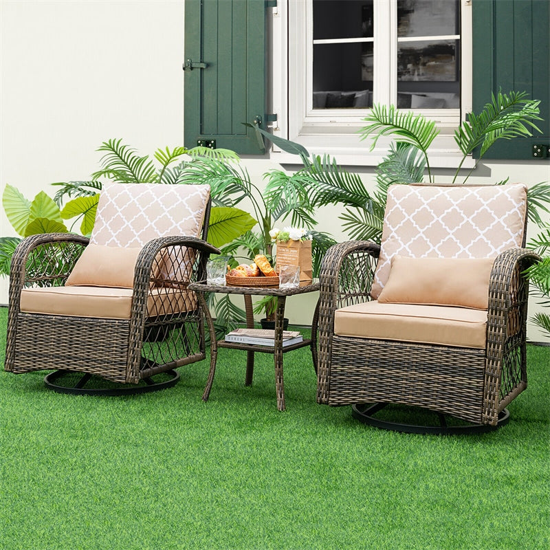 3-Piece Outdoor Wicker Swivel Rocking Chairs Set Rattan Patio Swivel Rocker with Tempered Glass Coffee Table & Cushions