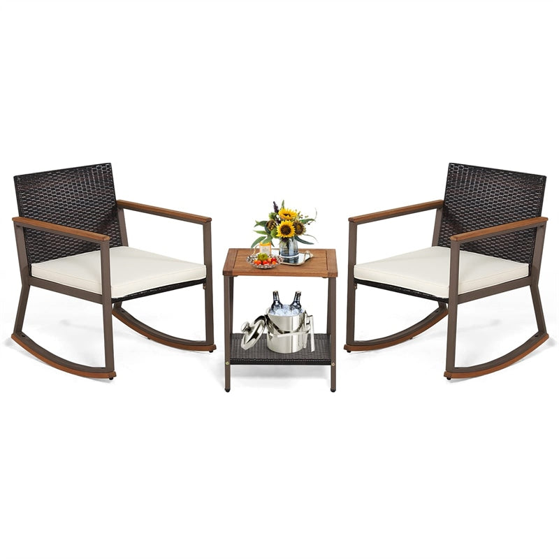 3 Pieces Rattan Rocking Bistro Set Outdoor PE Wicker Rocking Chairs Metal Frame with Storage Shelf Coffee Table & Cushions