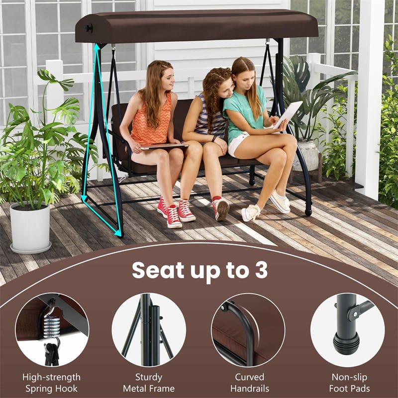 3 Person Outdoor Porch Swing 2-in-1 Large Converting Patio Swing Bed Glider with Adjustable Canopy & Removable Cushions for Yard Garden Balcony