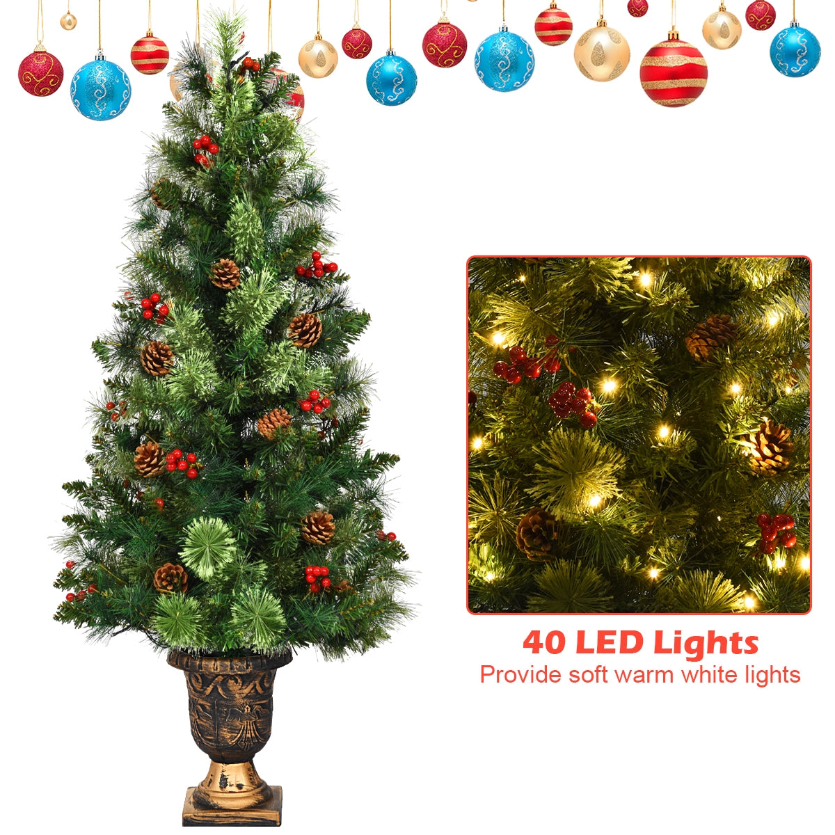 3/5 Feet Pre-lit LED Christmas Tree with Red Berries and Pine Cones