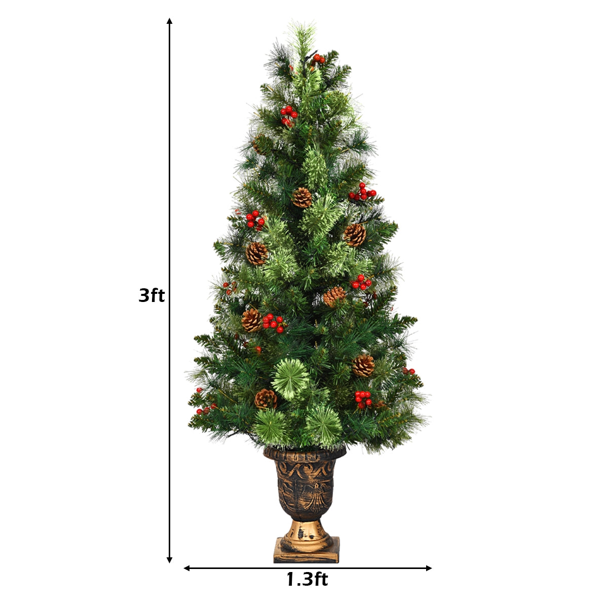 3/5 Feet Pre-lit LED Christmas Tree with Red Berries and Pine Cones