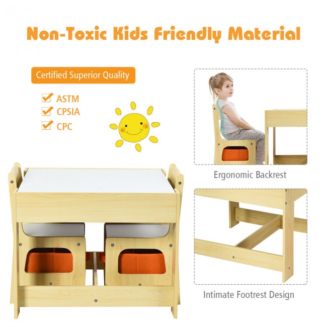 3-In-1 Kids Table Chairs Set With Storage Boxes and Blackboard Whiteboard Drawing