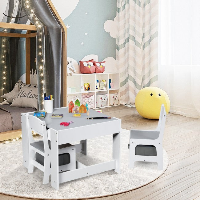 3-In-1 Kids Table Chairs Set With Storage Boxes and Blackboard Whiteboard Drawing