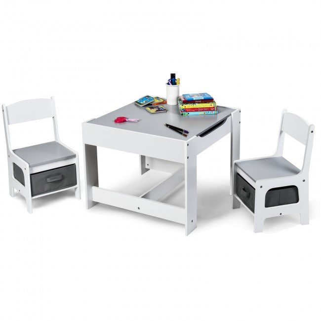 3-In-1 Kids Table Chairs Set With Storage Boxes and Blackboard Whiteboard Drawing