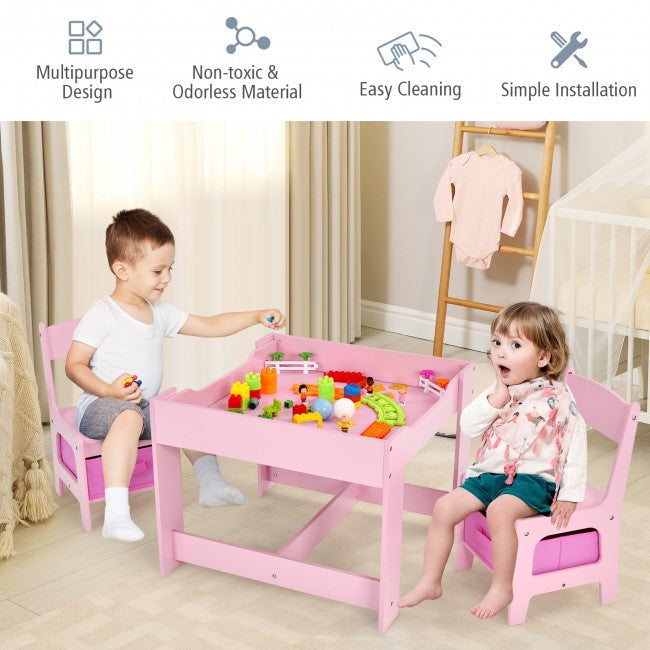 3-In-1 Kids Table Chairs Set With Storage Boxes and Blackboard Whiteboard Drawing