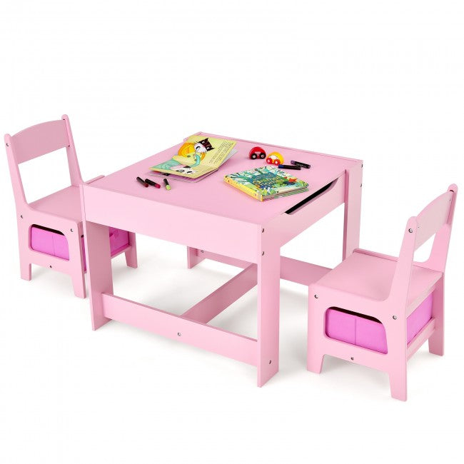 3-In-1 Kids Table Chairs Set With Storage Boxes and Blackboard Whiteboard Drawing