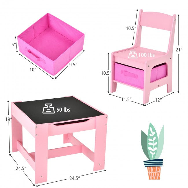 3-In-1 Kids Table Chairs Set With Storage Boxes and Blackboard Whiteboard Drawing