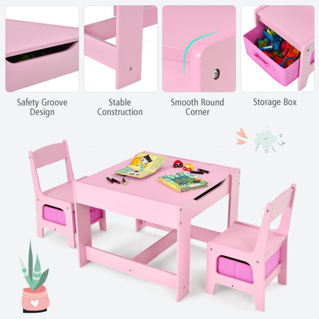 3-In-1 Kids Table Chairs Set With Storage Boxes and Blackboard Whiteboard Drawing