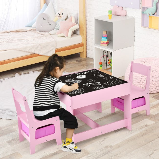 3-In-1 Kids Table Chairs Set With Storage Boxes and Blackboard Whiteboard Drawing