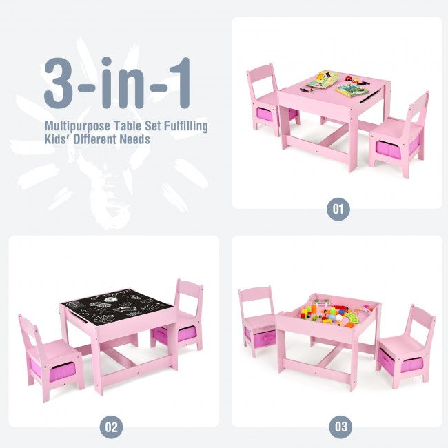 3-In-1 Kids Table Chairs Set With Storage Boxes and Blackboard Whiteboard Drawing