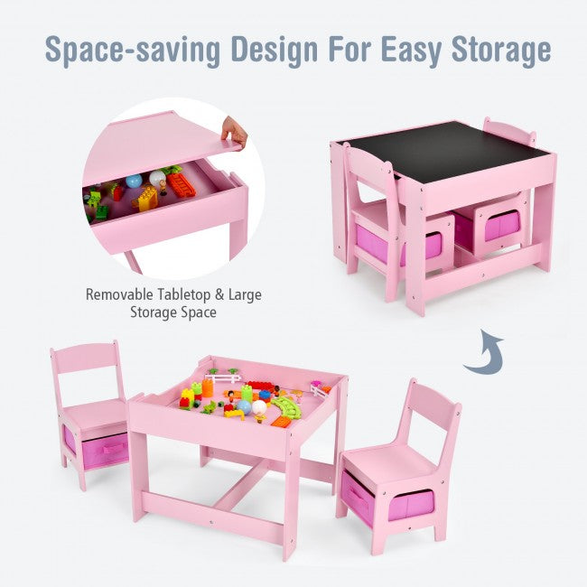 3-In-1 Kids Table Chairs Set With Storage Boxes and Blackboard Whiteboard Drawing